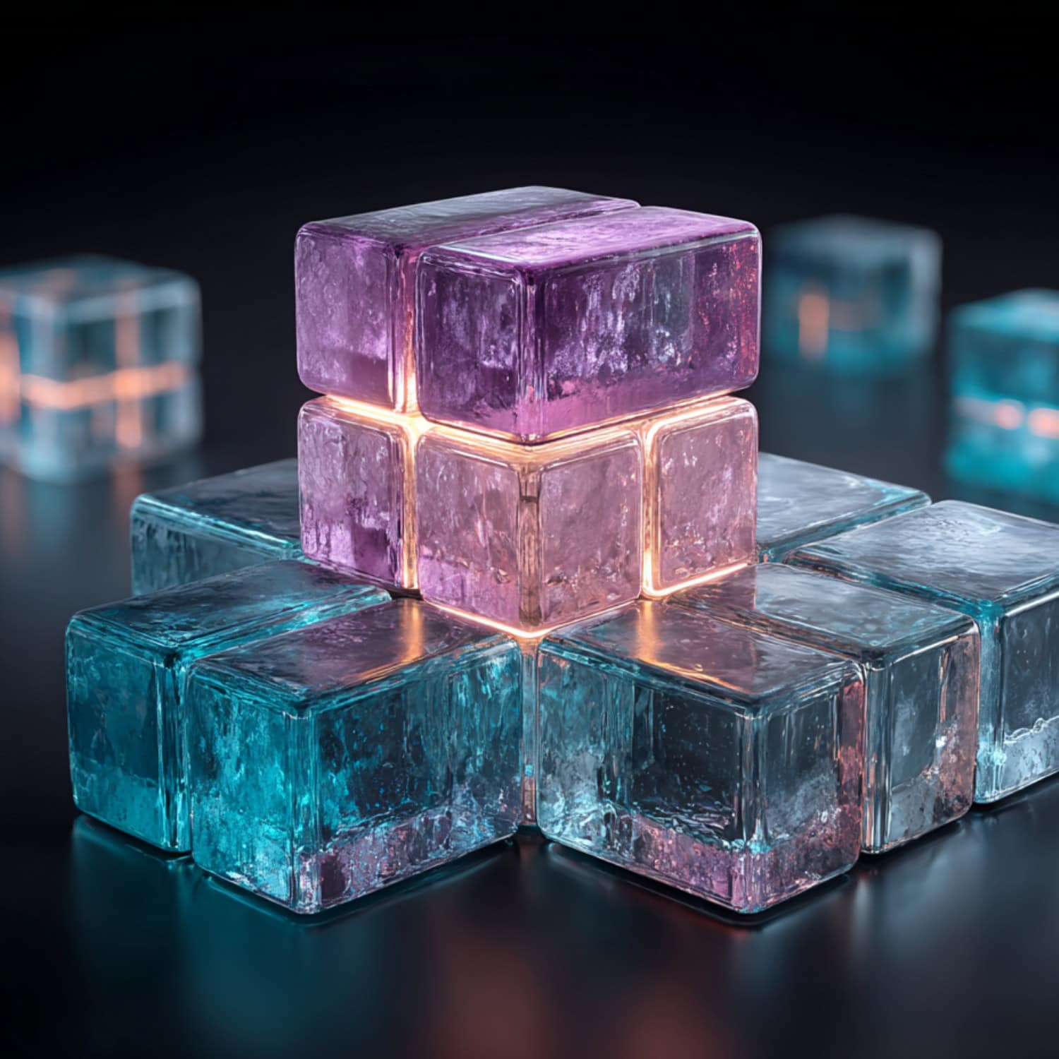 Bunte LED-beleuchtete Eiswürfel in einer Pyramide.