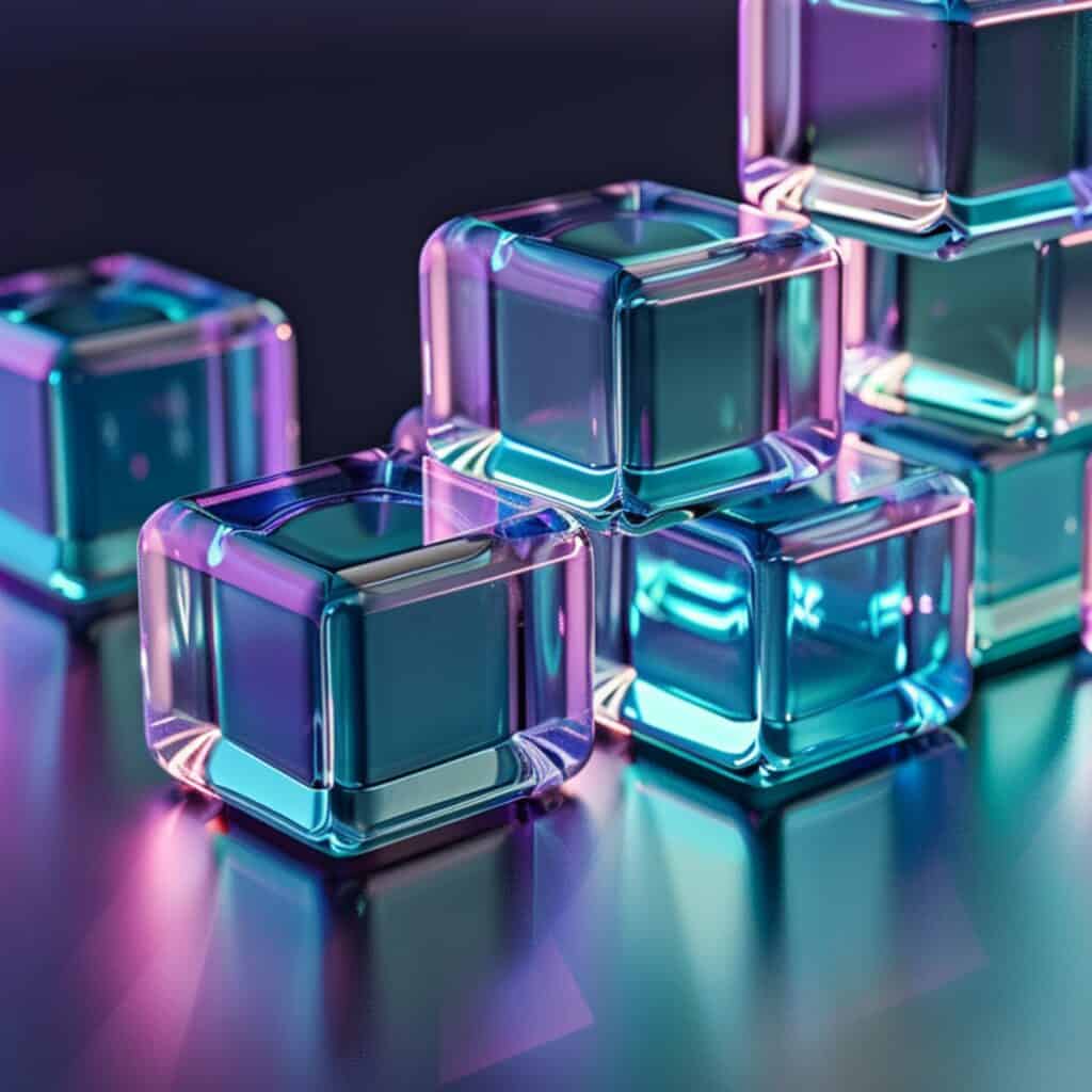 Bunte, leuchtende Steinwürfel in Neonfarben, futuristisches Design.